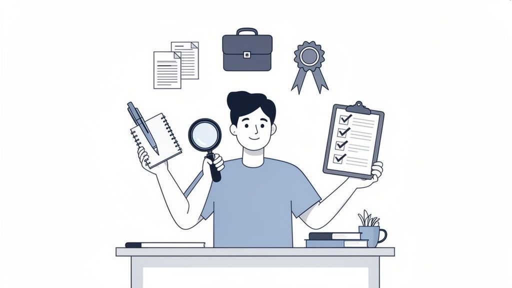 A man at a desk holding a notebook, magnifying glass, and checklist, with professional icons above.