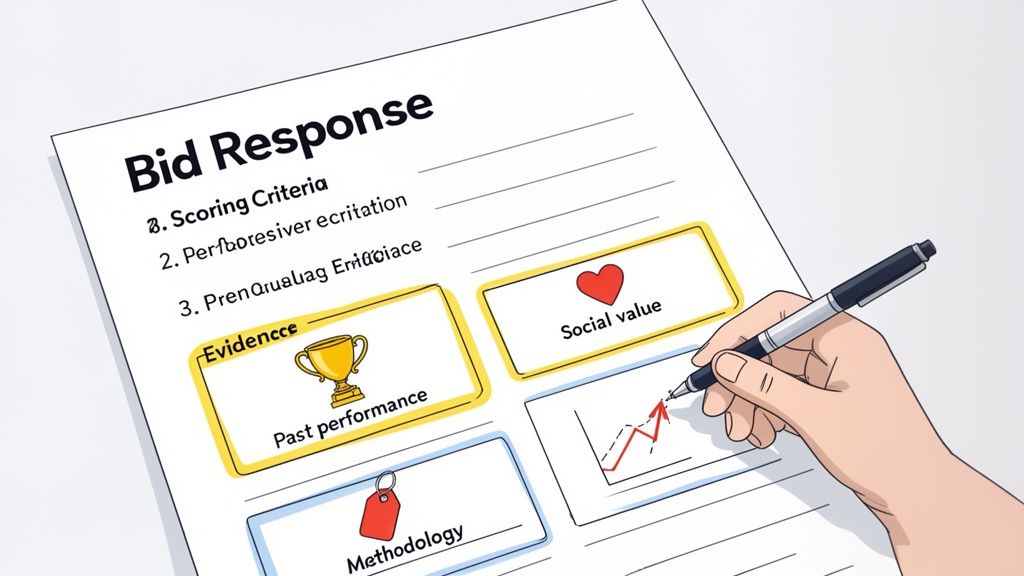 A hand writes on a bid response document, highlighting sections like past performance and social value.