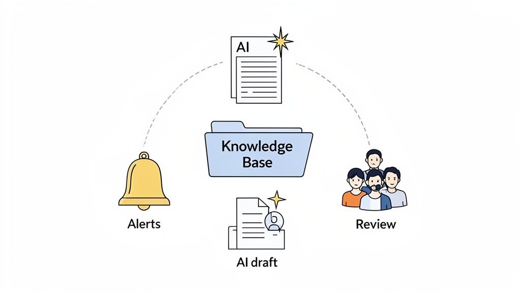 Diagram showing an AI-powered knowledge management workflow with alerts, AI drafts, and human review.