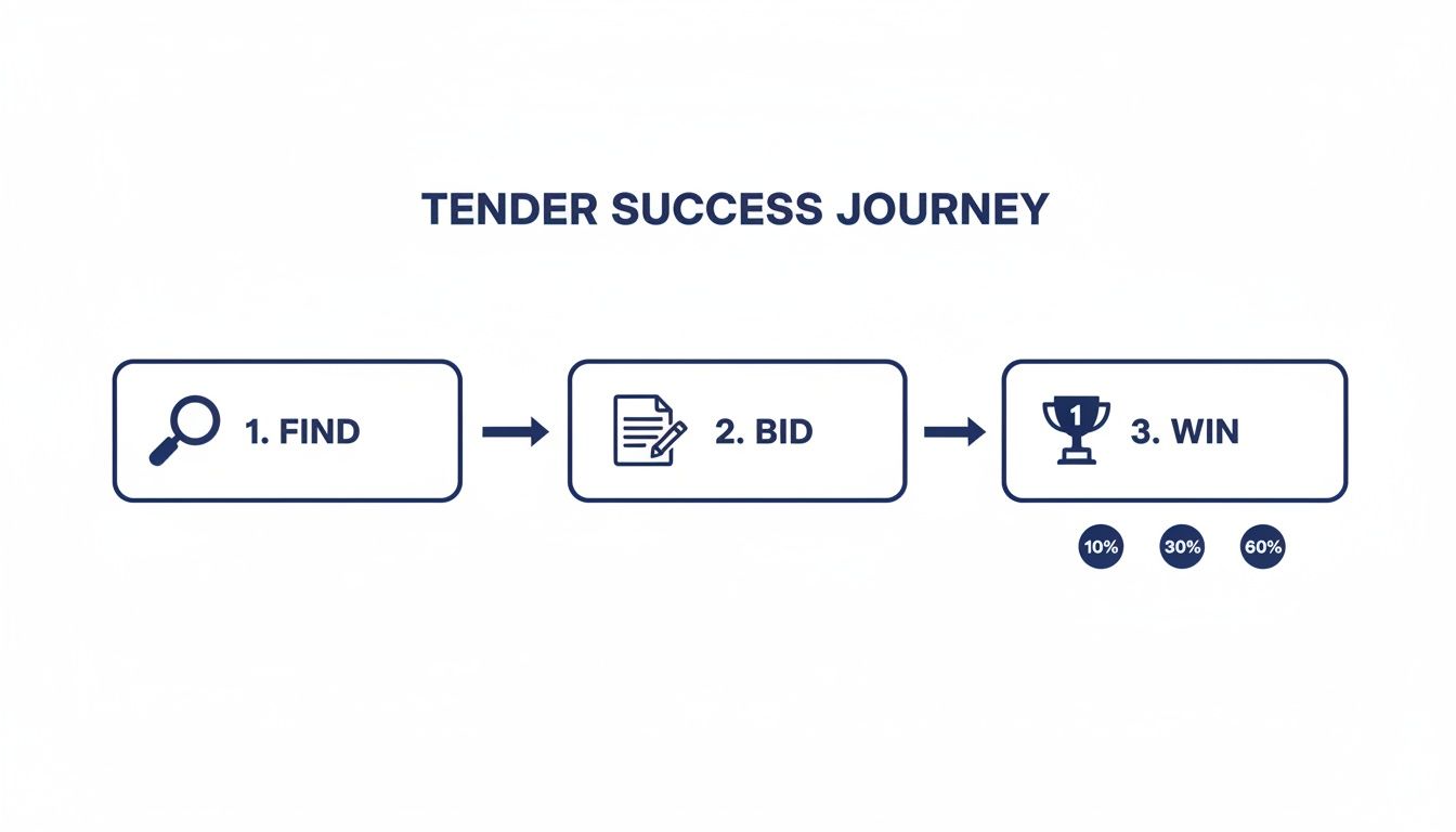 Flowchart illustrating the tender success journey from finding to bidding and ultimately winning.