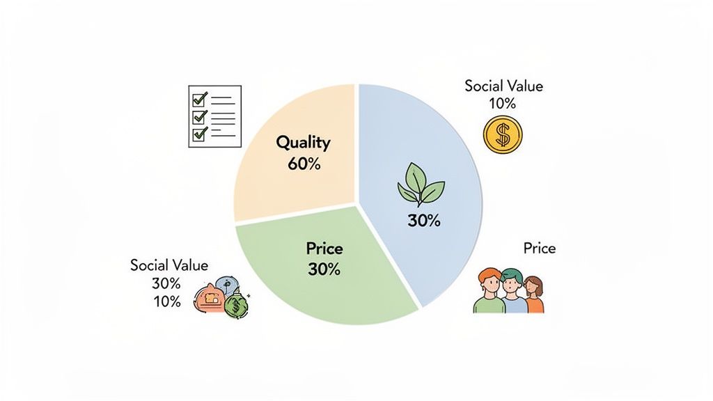 Pie chart illustrating factors: Quality 60%, Price 30%, and a 30% segment with leaves.