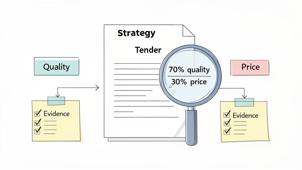 Diagram showing a tender strategy evaluated on 70% quality and 30% price, supported by evidence.