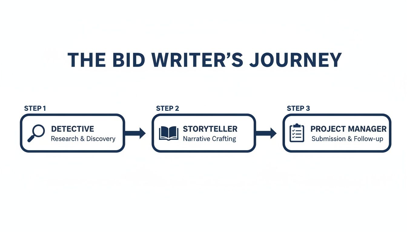 A diagram outlining the three-step journey of a bid writer: Detective, Storyteller, and Project Manager.