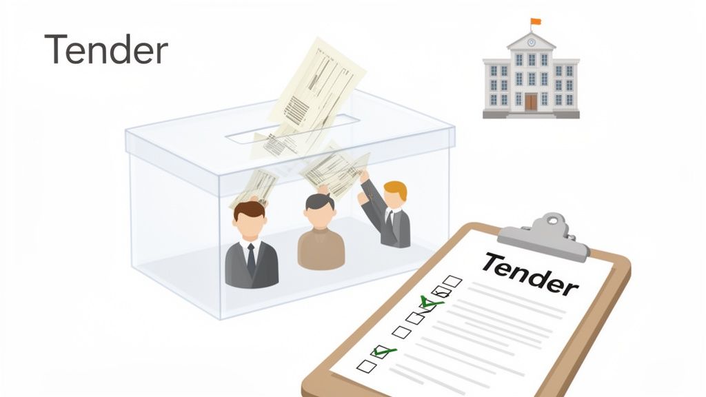 Illustration depicting a public tendering process with bids being submitted into a transparent box.