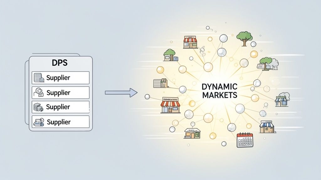 Diagram illustrating how a Dynamic Purchasing System (DPS) connects multiple suppliers to a network of dynamic markets.