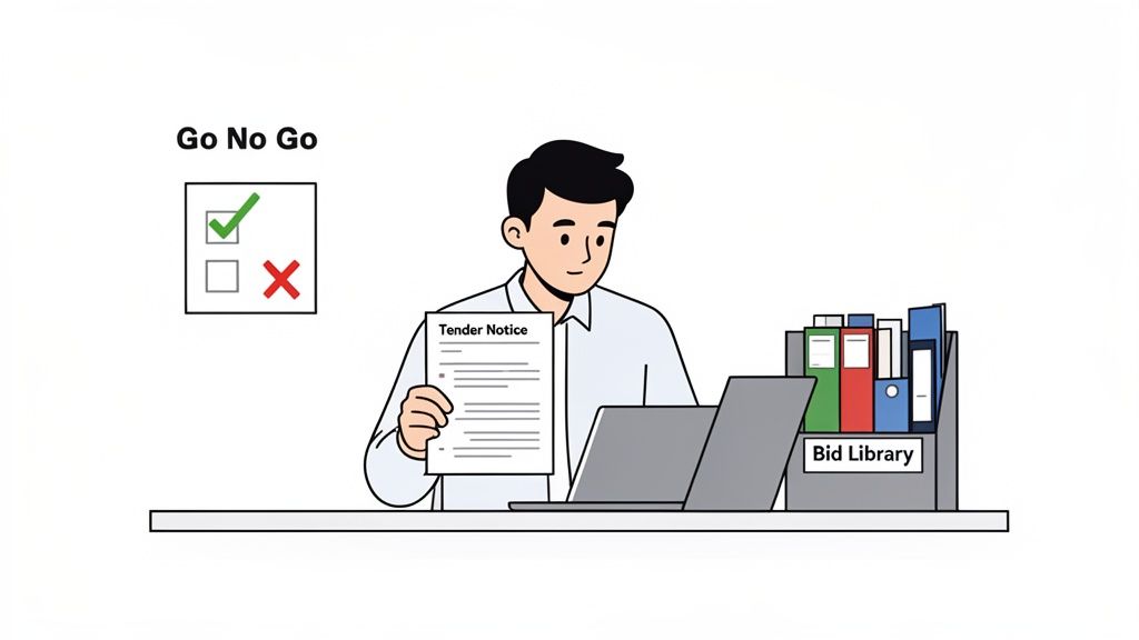 A man evaluates a tender notice, making a 'Go No Go' decision with a laptop and bid library.