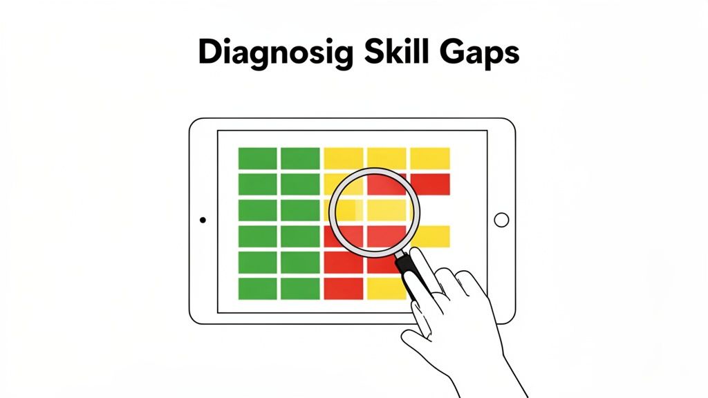 A tablet shows a color-coded skill gap analysis grid, with a magnifying glass highlighting areas of concern.