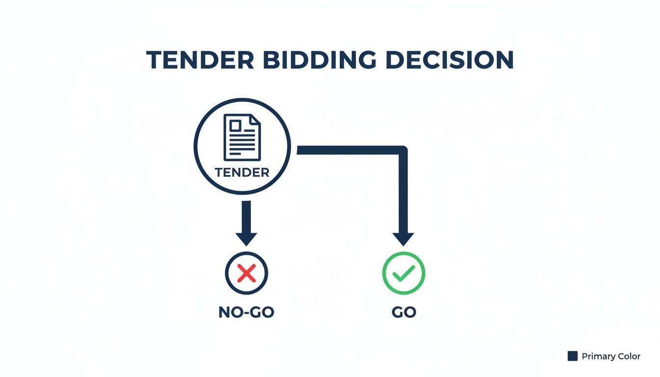 A flowchart illustrates the tender bidding decision process, leading to go or no-go.