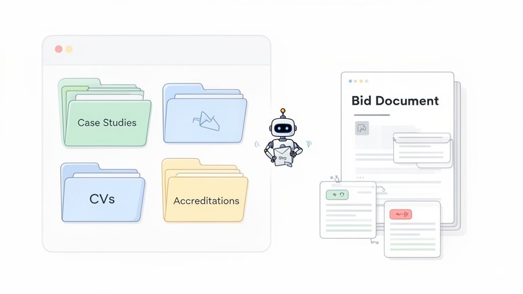 A robot automates bid document creation, pulling data from folders like Case Studies, CVs, and Accreditations.