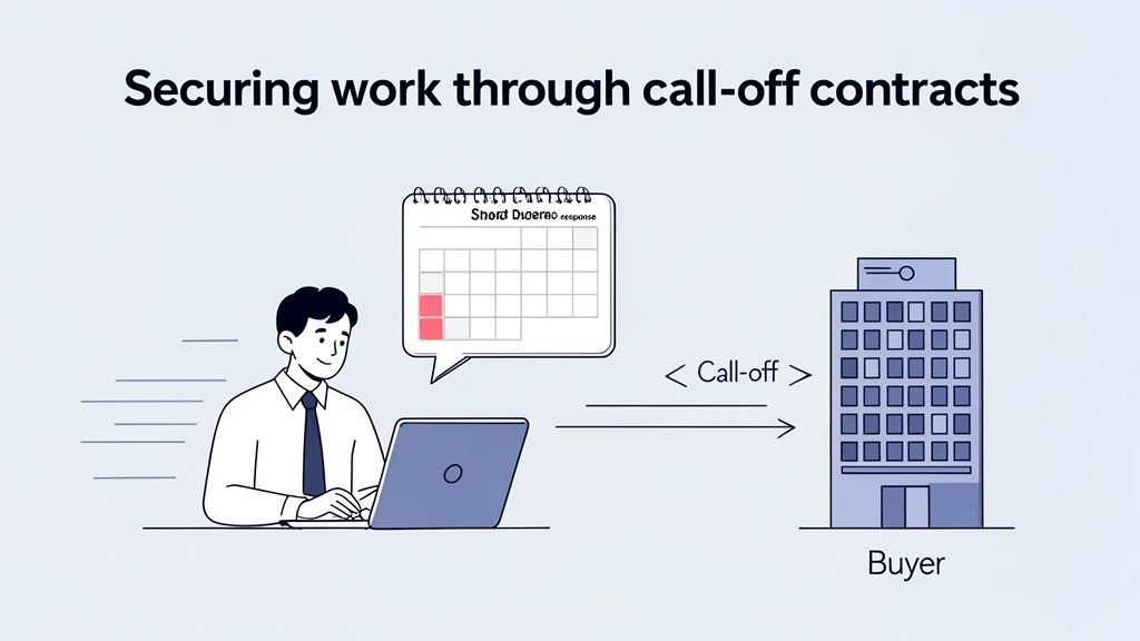 An illustration of a person using a laptop to secure work through call-off contracts from a buyer, shown with a calendar.