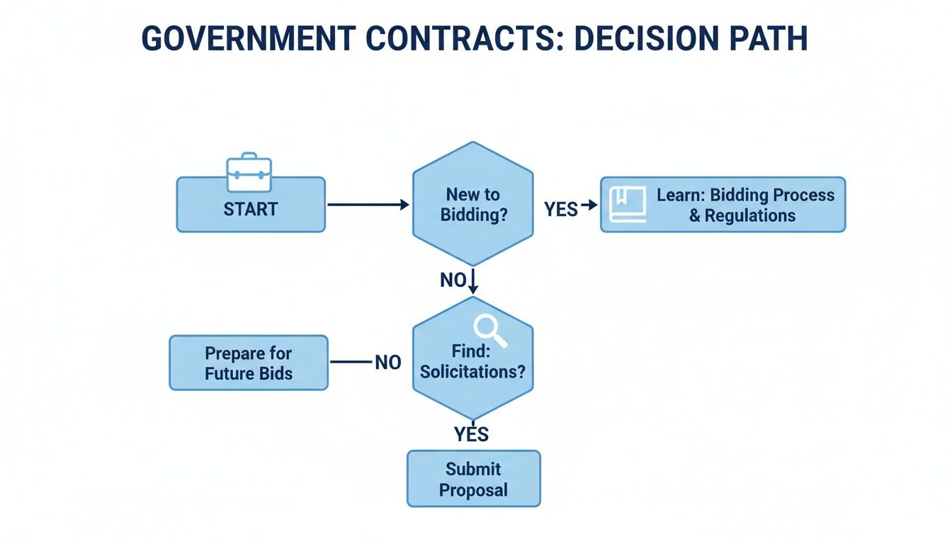 A decision path flowchart illustrating the steps to bid for government contracts and regulations.