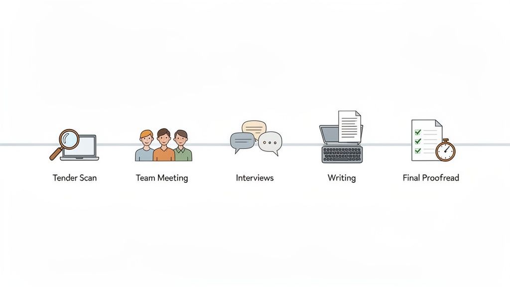 A five-step process diagram illustrating bid writing workflow: tender scan, team meeting, interviews, writing, and final proofread.