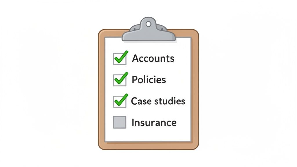 A clipboard displays a checklist with Accounts, Policies, and Case studies checked, and Insurance unchecked.