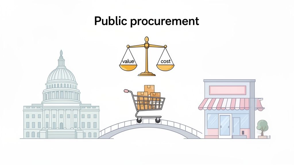 Illustration depicting public procurement with a government building, store, shopping cart, and a scale balancing value and cost.