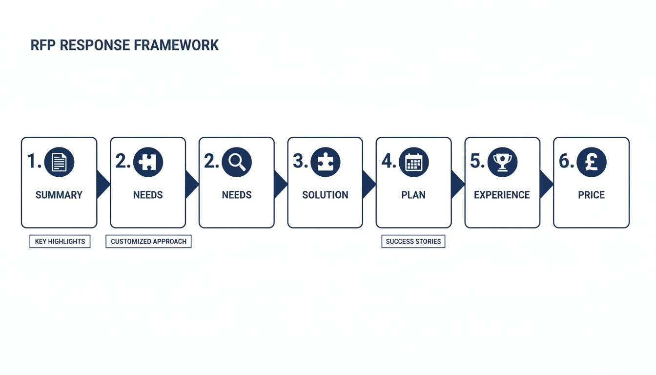 An RFP response framework outlining six key steps: summary, needs, solution, plan, experience, and price.