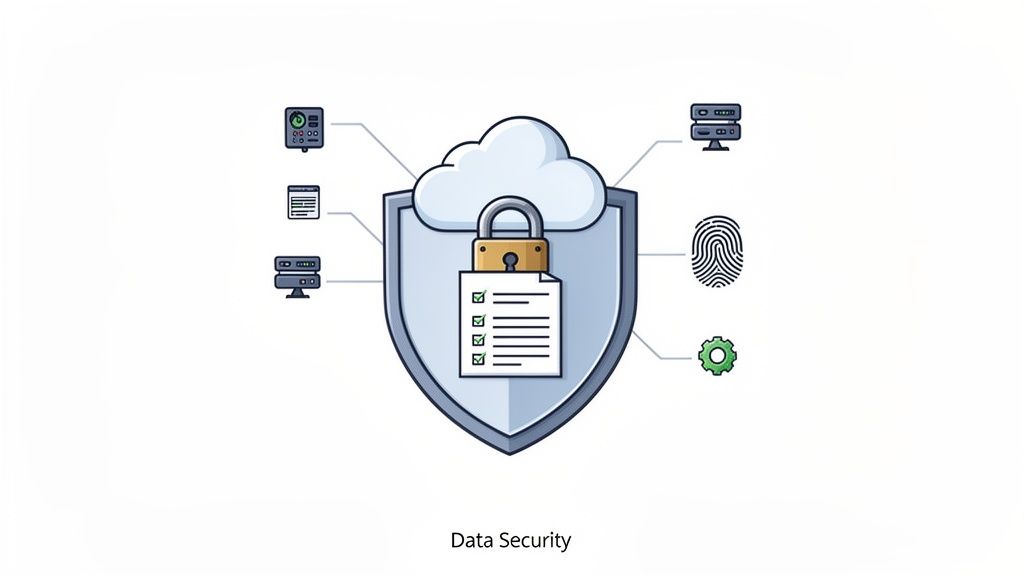 An illustration of data security, featuring a shielded cloud protecting a locked document surrounded by digital assets.