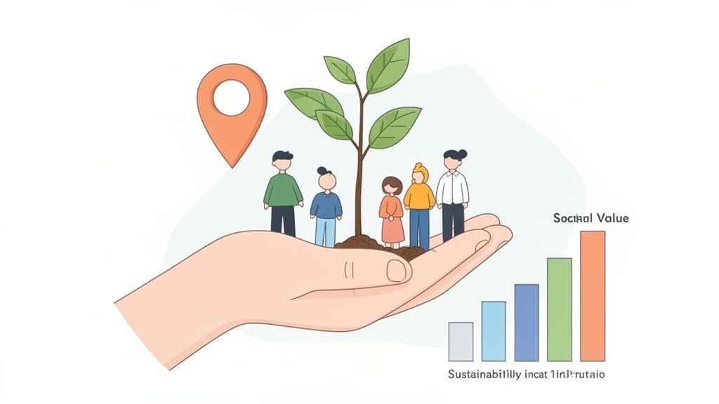 Illustration of a hand holding a community of people nurturing a plant, showing social value and sustainability.