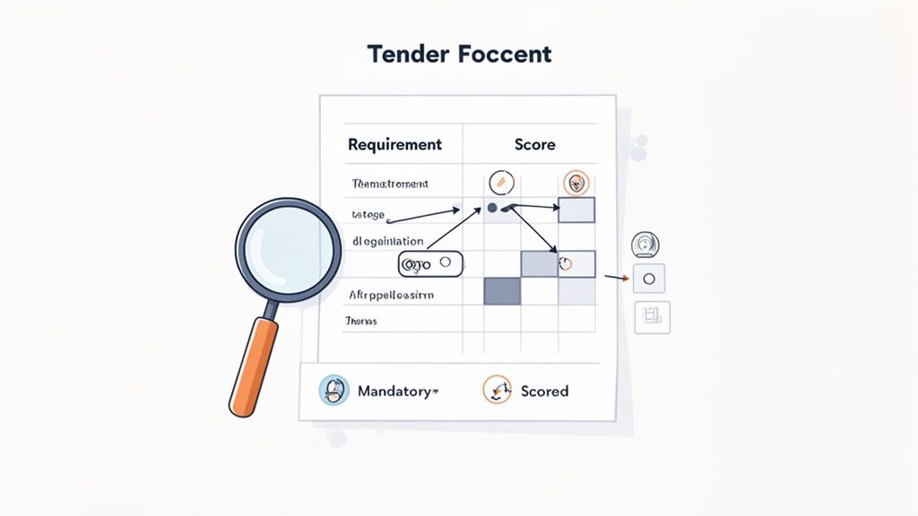 Illustration of a tender requirement and scoring system, highlighting mandatory and scored criteria.