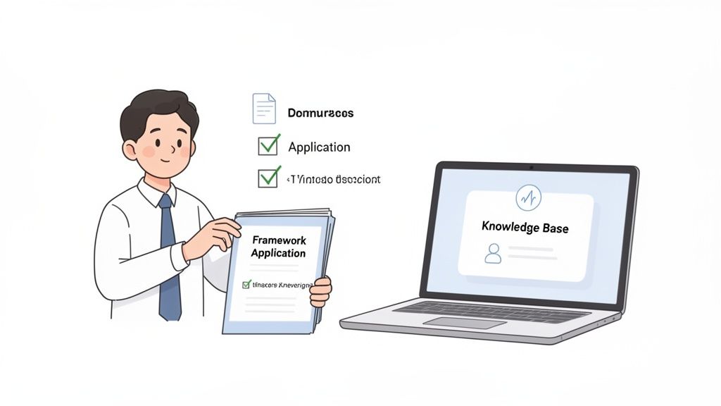 Cartoon man holding framework applications, next to a laptop displaying 'Knowledge Base' and checklist items.