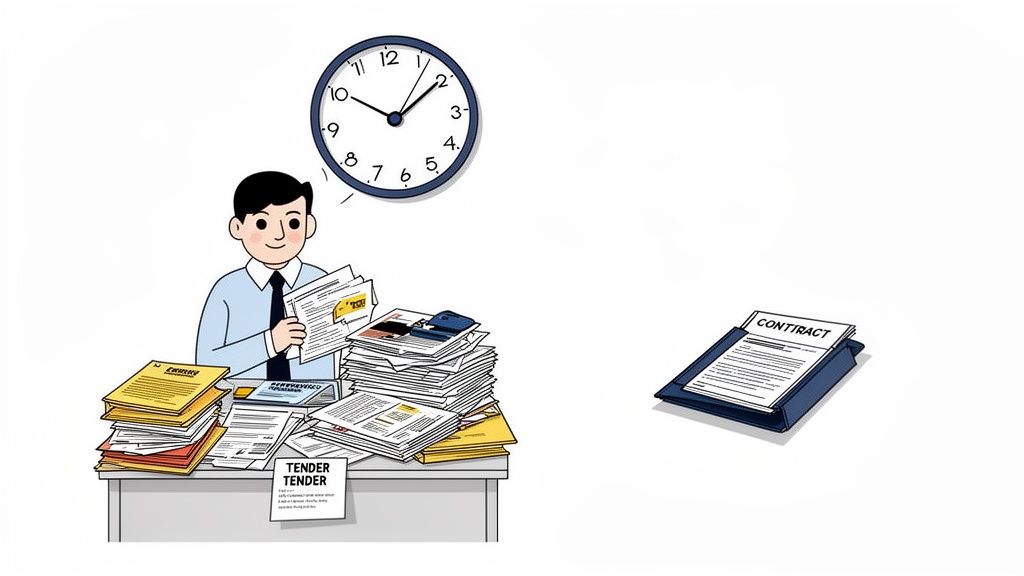 A man at a desk reviews piles of tender documents, with a clock above and a contract ready on the side.