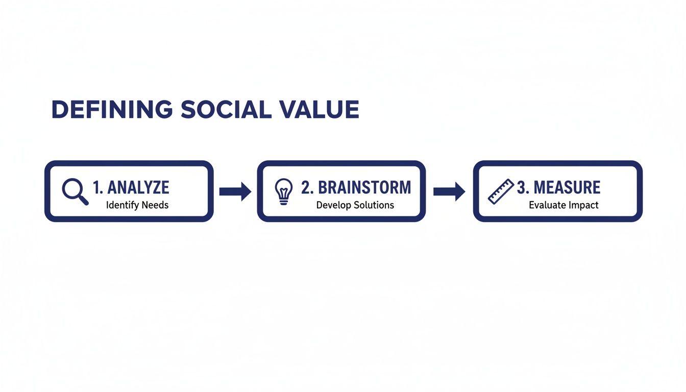 A three-step process for defining social value: Analyze, Brainstorm, and Measure impact.