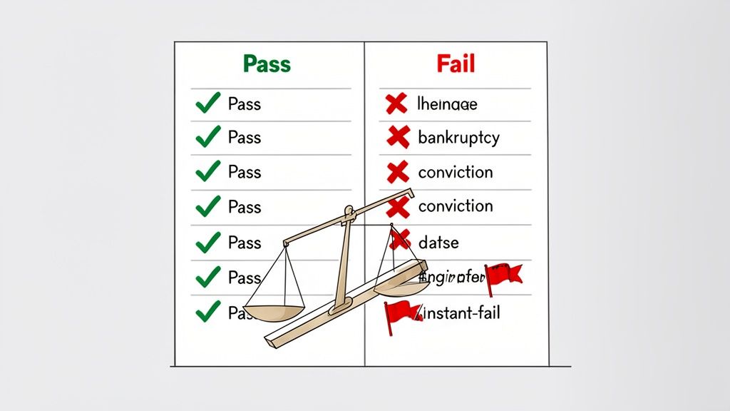 Scales showing pass and fail criteria, with negative factors like conviction weighing heavily on the fail side.