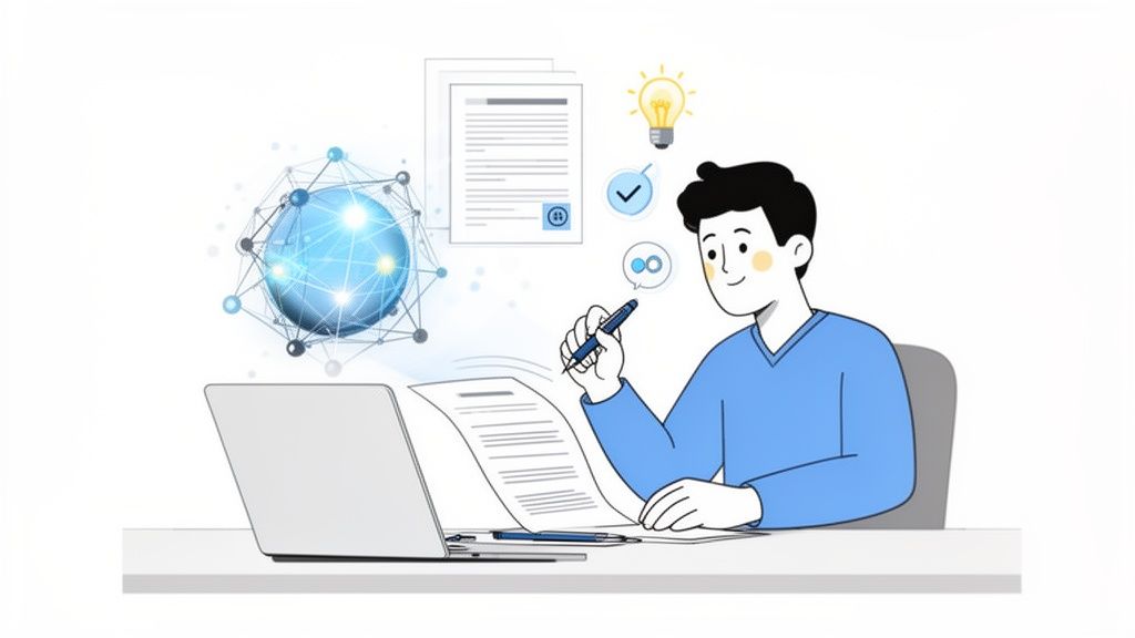 Illustration of a man writing at a desk, surrounded by a data network, documents, and idea icons.