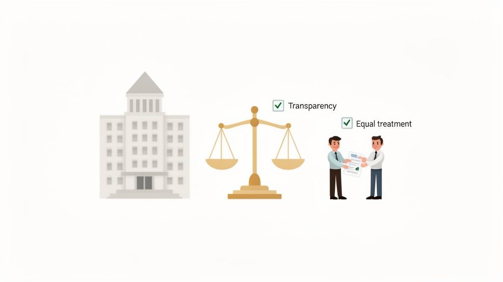 Illustration of public procurement principles: a building, scales of justice, and men ensuring transparency and equal treatment.
