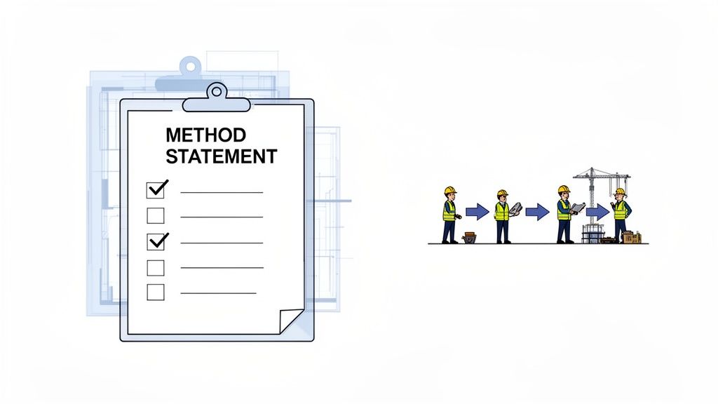 A method statement checklist with two items checked, alongside a step-by-step construction process with workers and a crane.