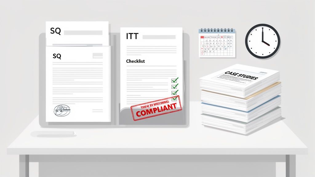 Desk with ITT Checklist, SQ documents, Case Studies, calendar, and clock, showing compliance.