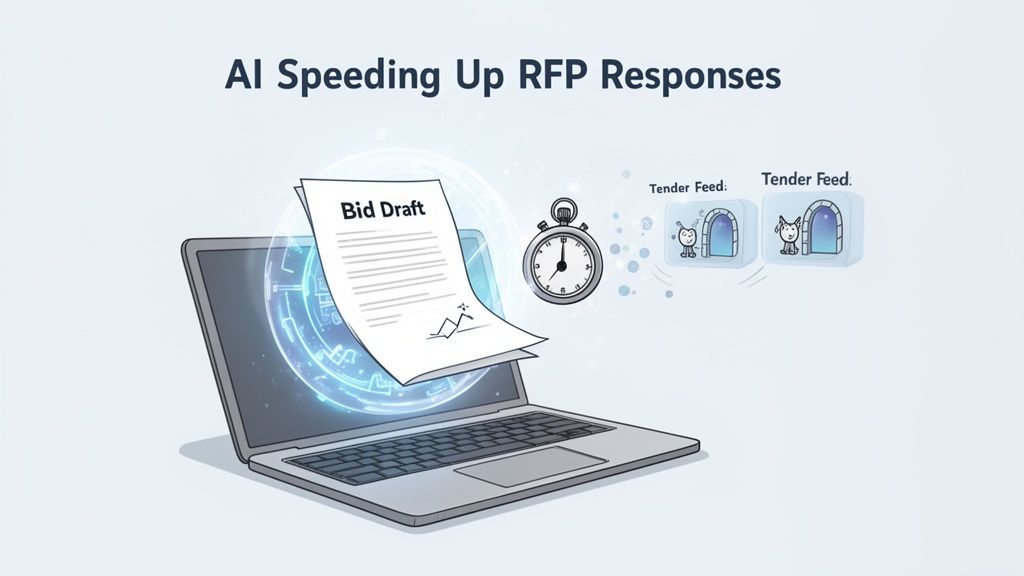 An AI-powered laptop generates a bid draft, speeding up RFP responses from tender feeds.