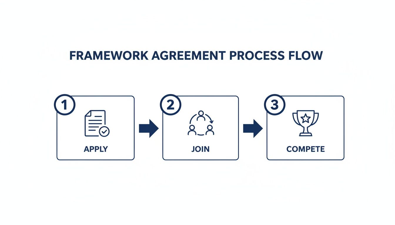 Framework agreement process flow diagram showing three steps: Apply, Join, and Compete, with icons.