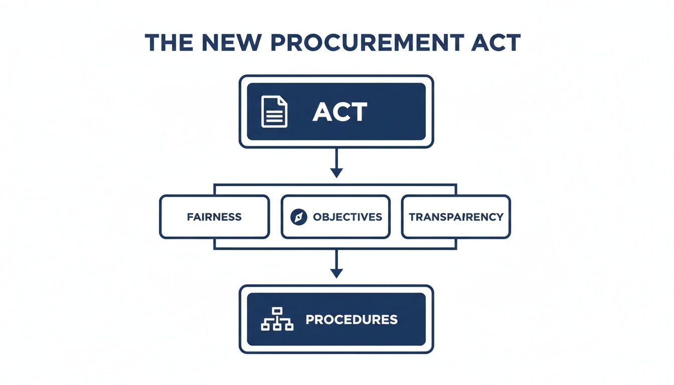 Flowchart illustrating the structure and principles of the New Procurement Act, detailing fairness, objectives, transparency, and procedures.