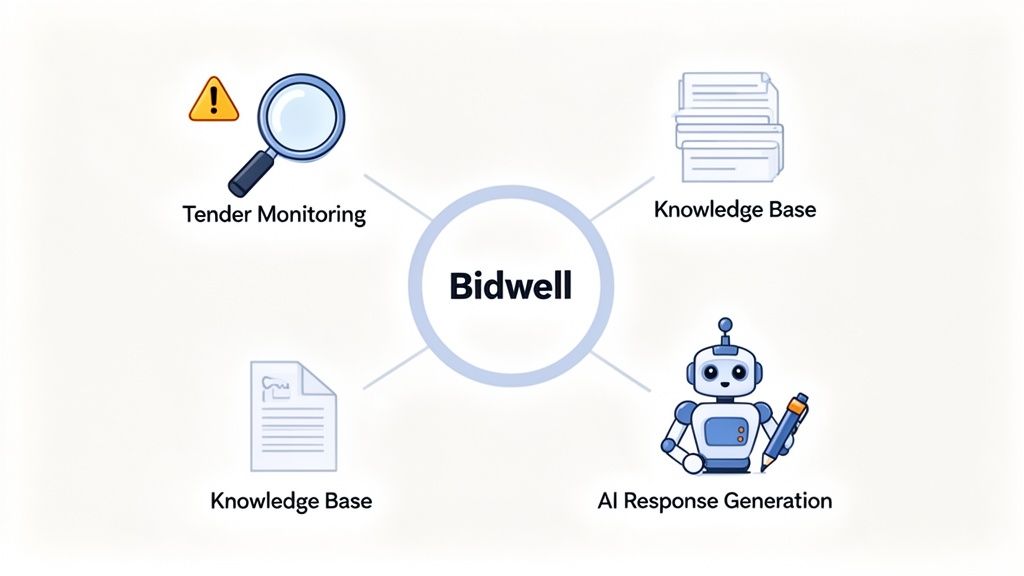 A diagram illustrates Bidwell's features: Tender Monitoring, Knowledge Base, and AI Response Generation.