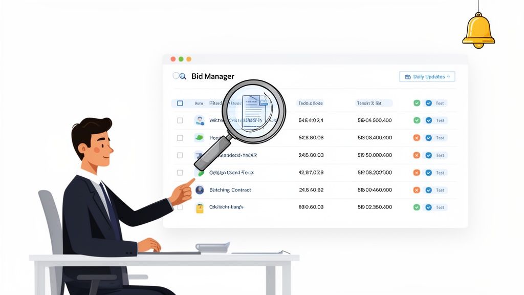A man in a suit reviews a 'Bid Manager' screen with a magnifying glass, showing various tender statuses.