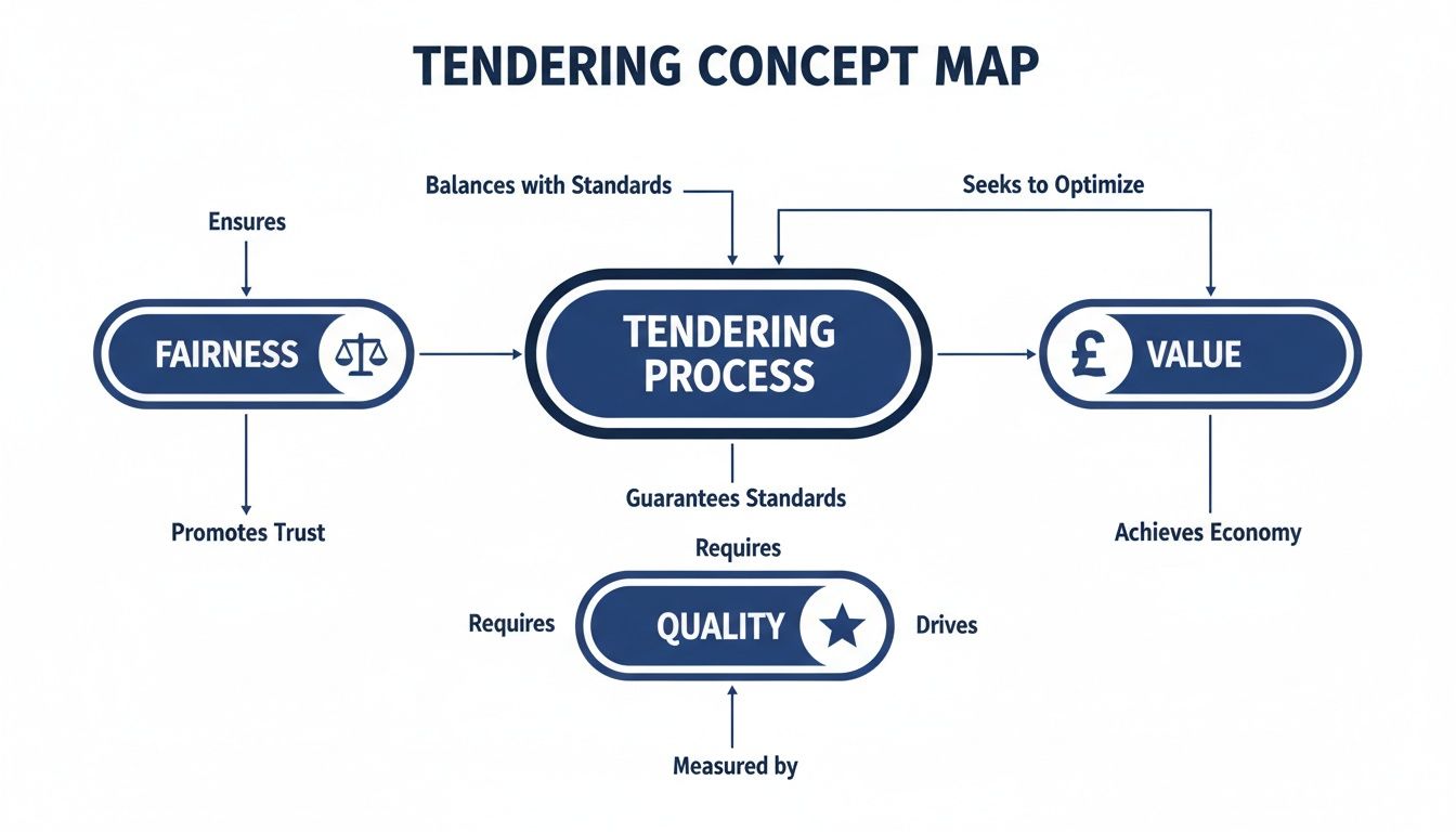 A tendering concept map illustrates the process linking fairness, value, and quality for optimal outcomes.