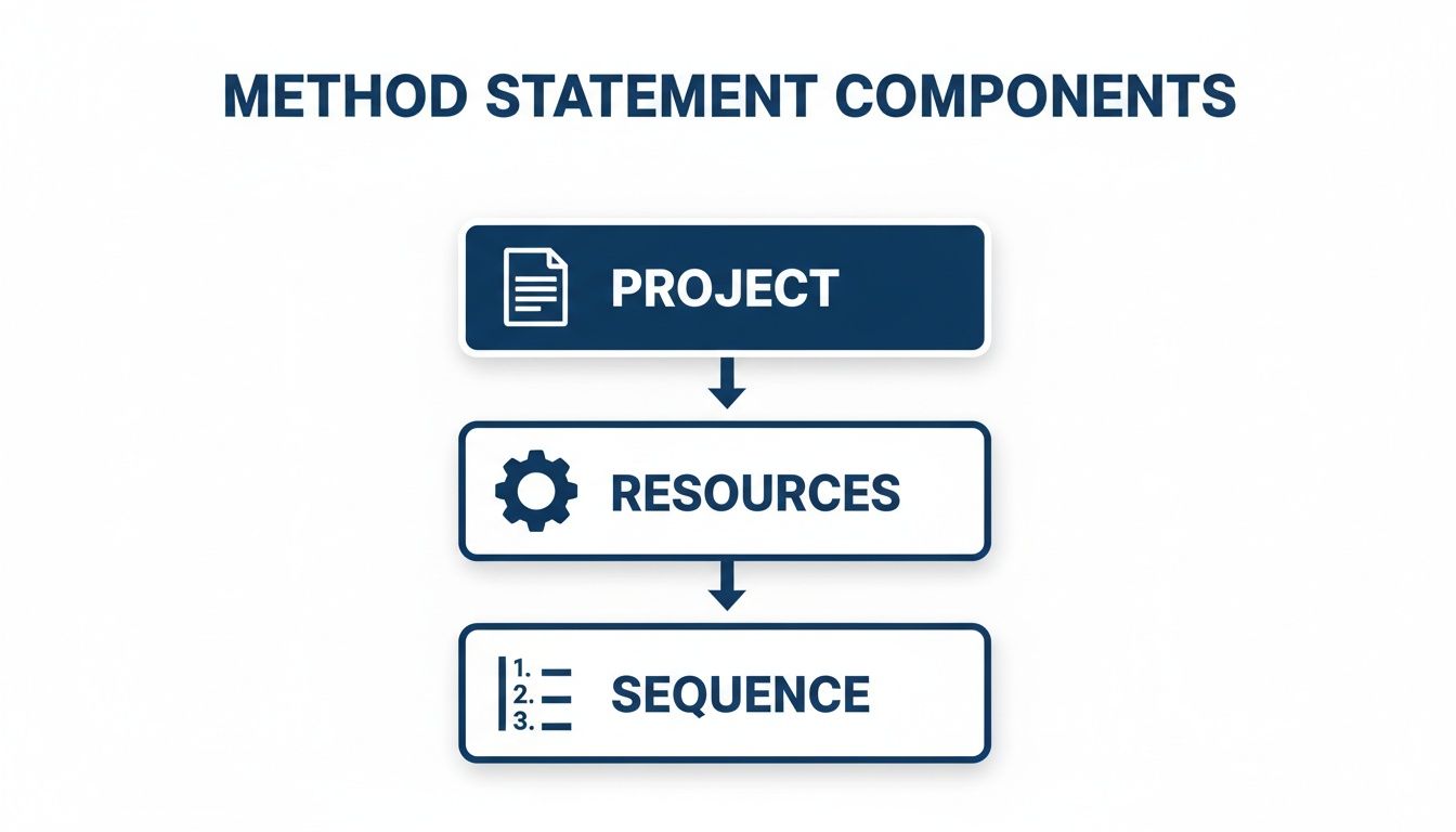 Flowchart outlining the essential components of a method statement: Project, Resources, and Sequence.