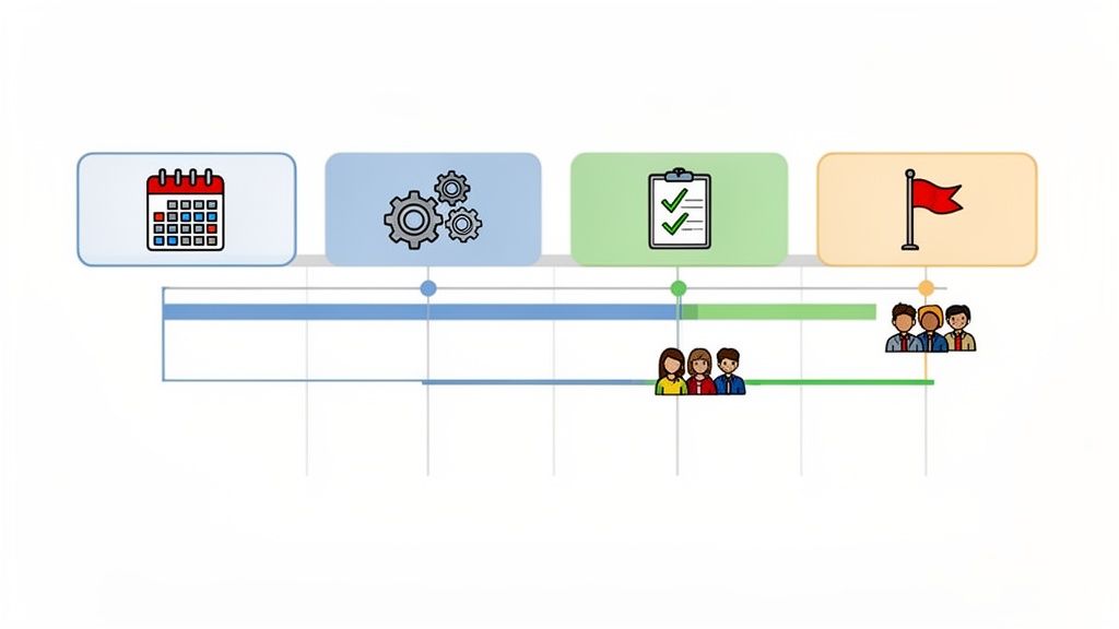 A project management timeline illustrating key stages from planning, process, tasks, to completion with team involvement.