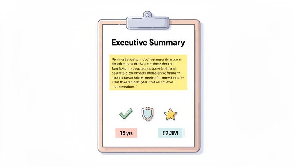 An executive summary document on a clipboard, highlighting 15 years and £2.3 million with icons.