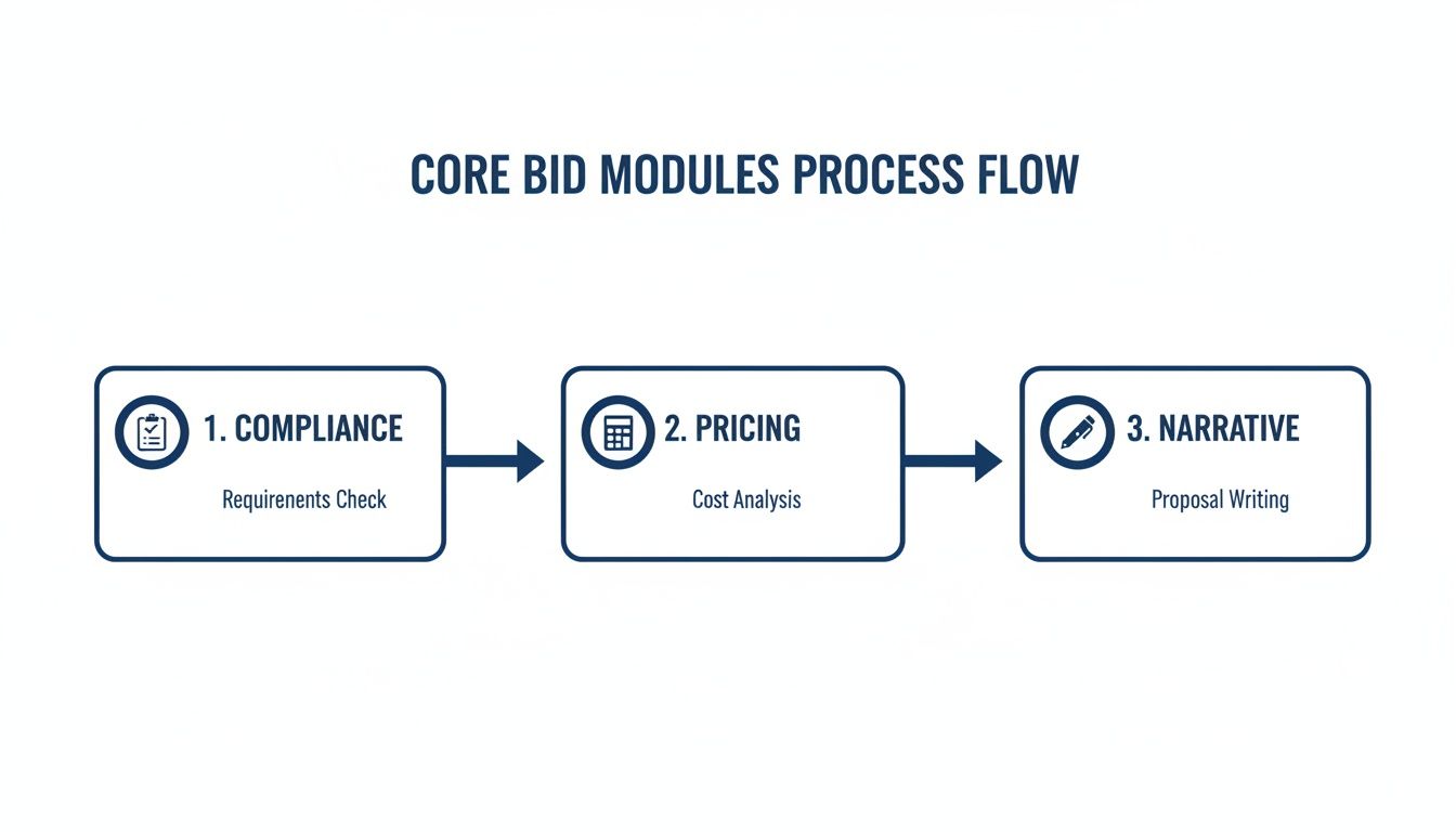 Process flow for core bid modules showing compliance, pricing, and narrative stages.