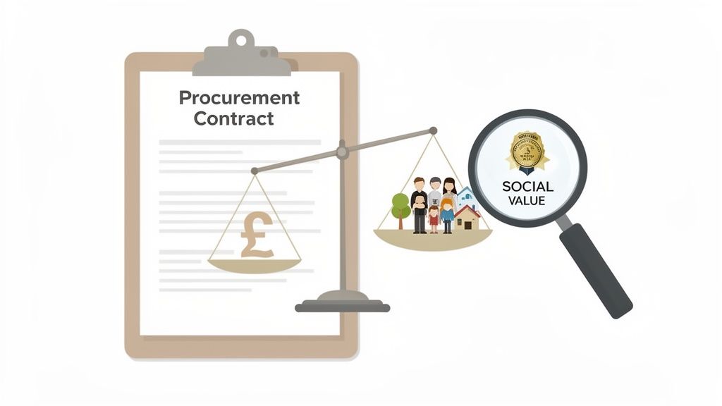A procurement contract on a scale, balancing financial cost (£) with community social value.