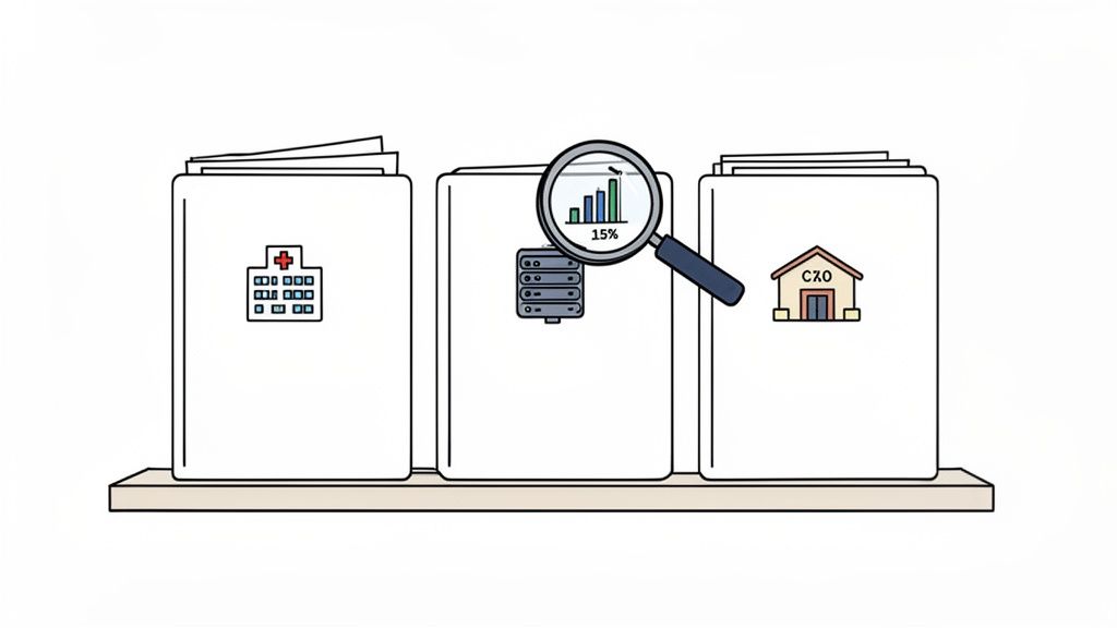 Illustration of healthcare, server data, and CXO office folders with a magnifying glass analyzing a bar chart.