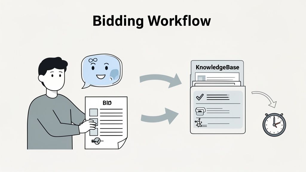 Illustration of a bidding workflow, showing a person submitting a bid interacting with a knowledge base and a timer.