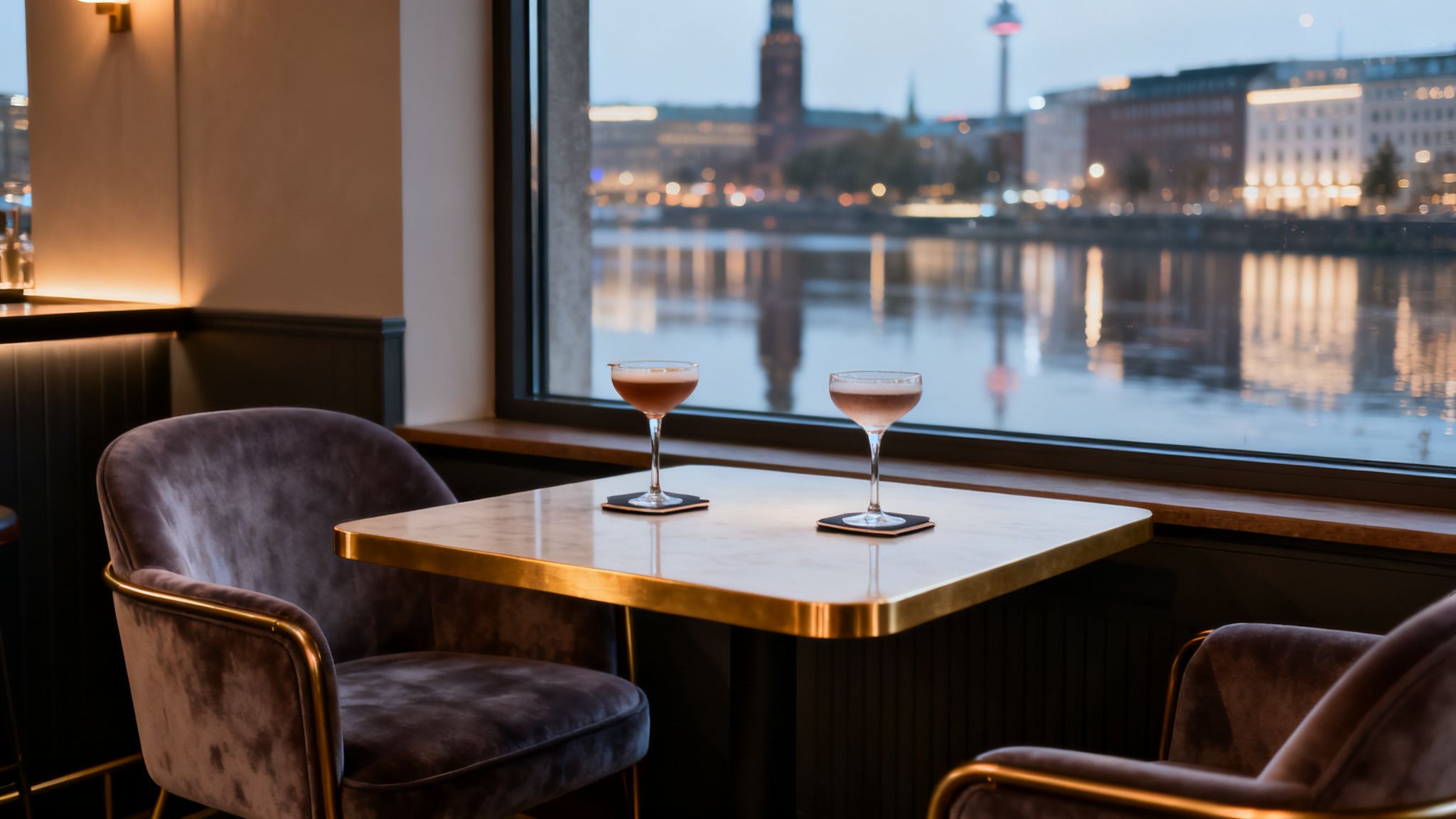 Two cocktails on a marble table in a bar overlooking the illuminated city and the river at night.