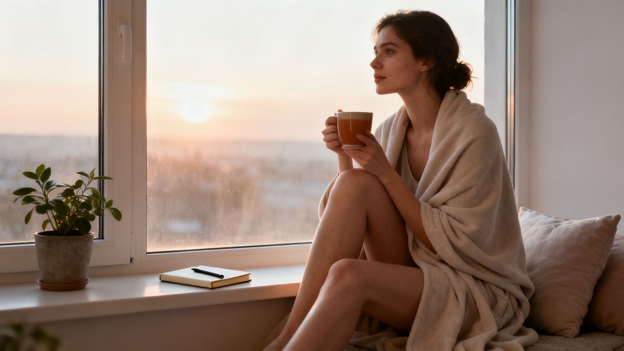 Young woman, wrapped in a blanket, sitting by the window and drinking coffee at sunset.
