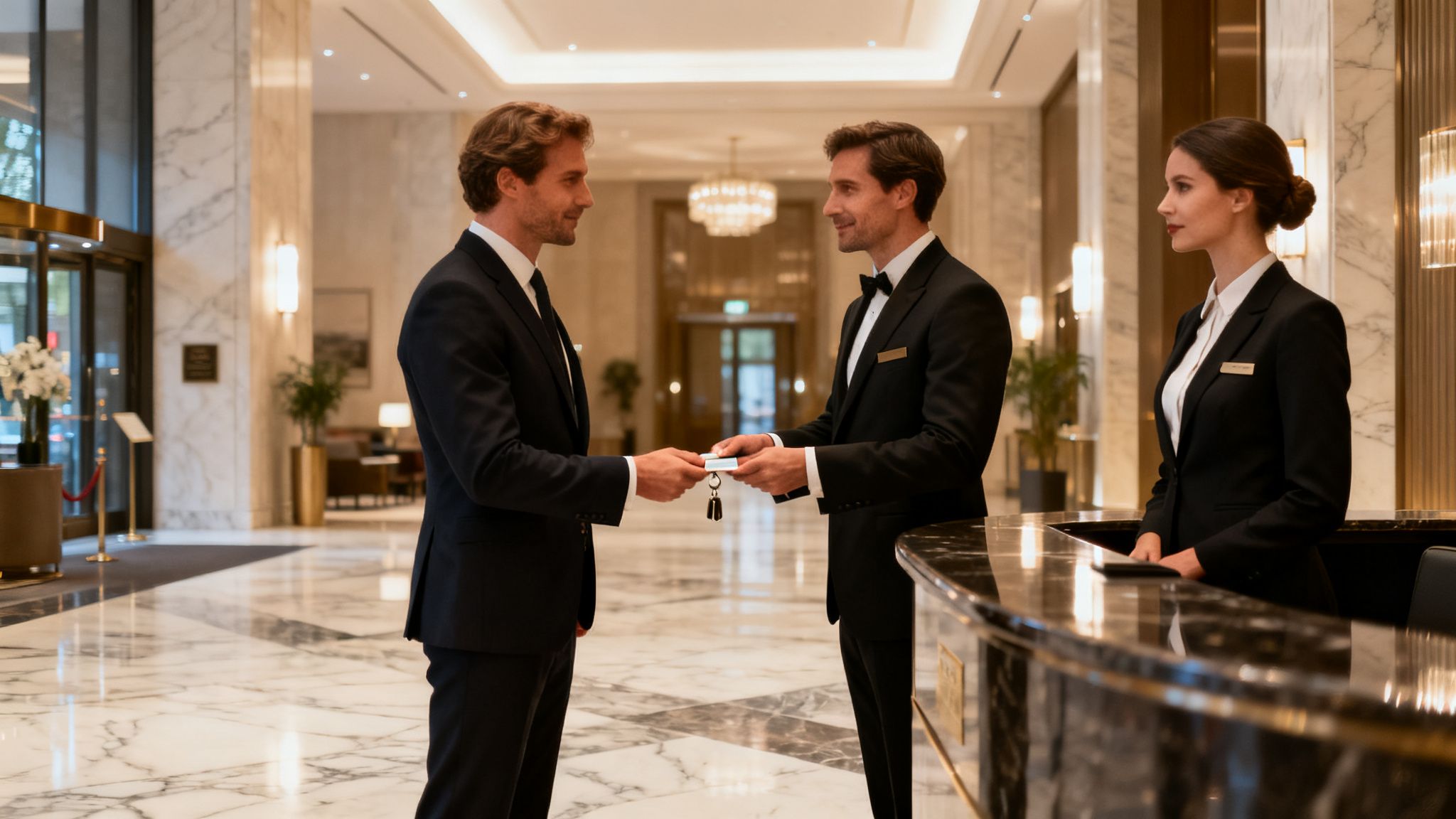 A hotel guest in a suit receives a key card and key from an employee at the reception.