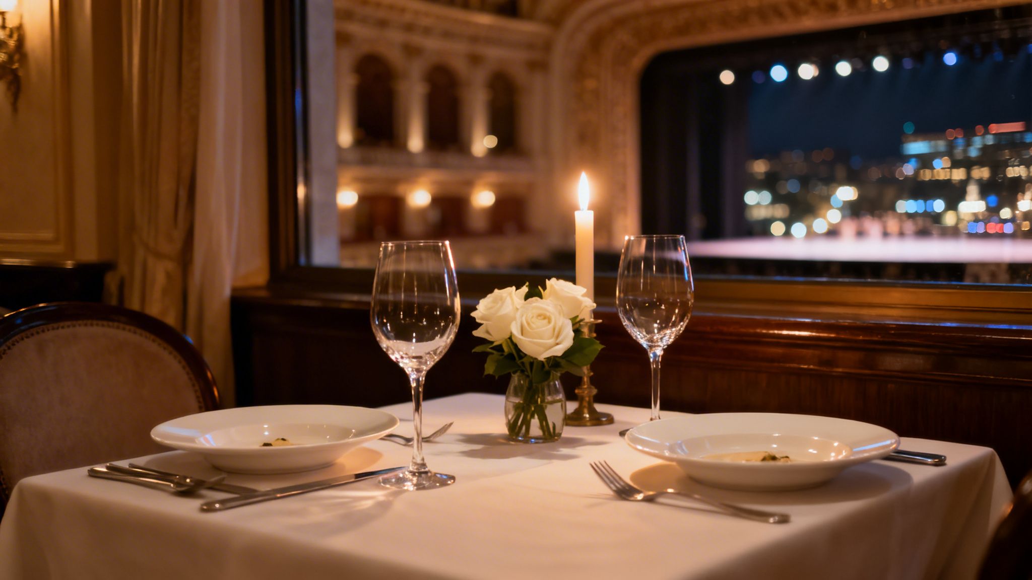 Romantisch gedeckter Tisch für zwei mit Kerzenlicht, weißen Rosen, Wein und Blick auf Oper und nächtliche Stadt.