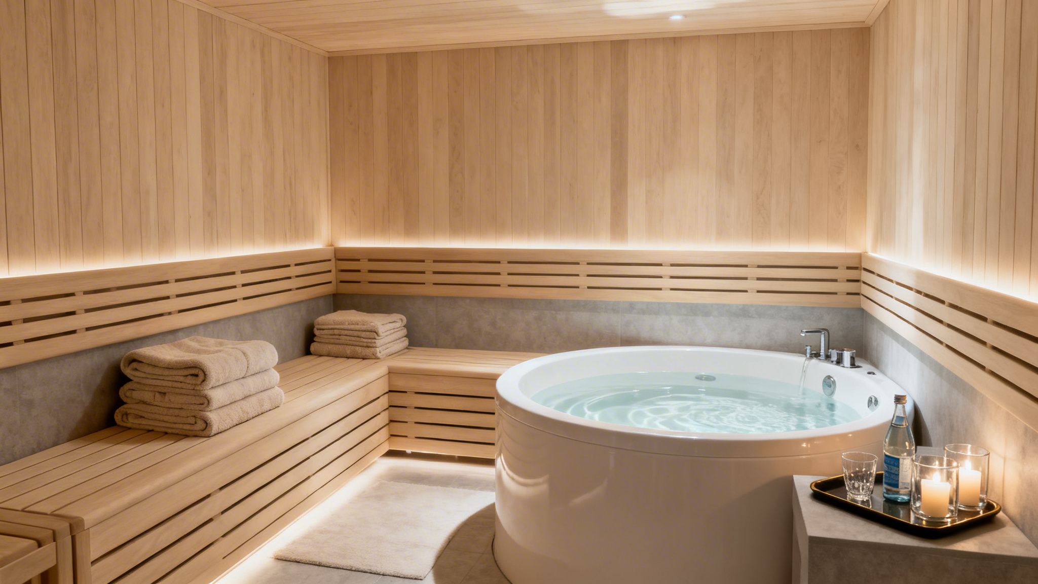 Moderne Sauna mit Holzvertäfelung, beheiztem Whirlpool, weichen Handtüchern und stimmungsvoller Beleuchtung.