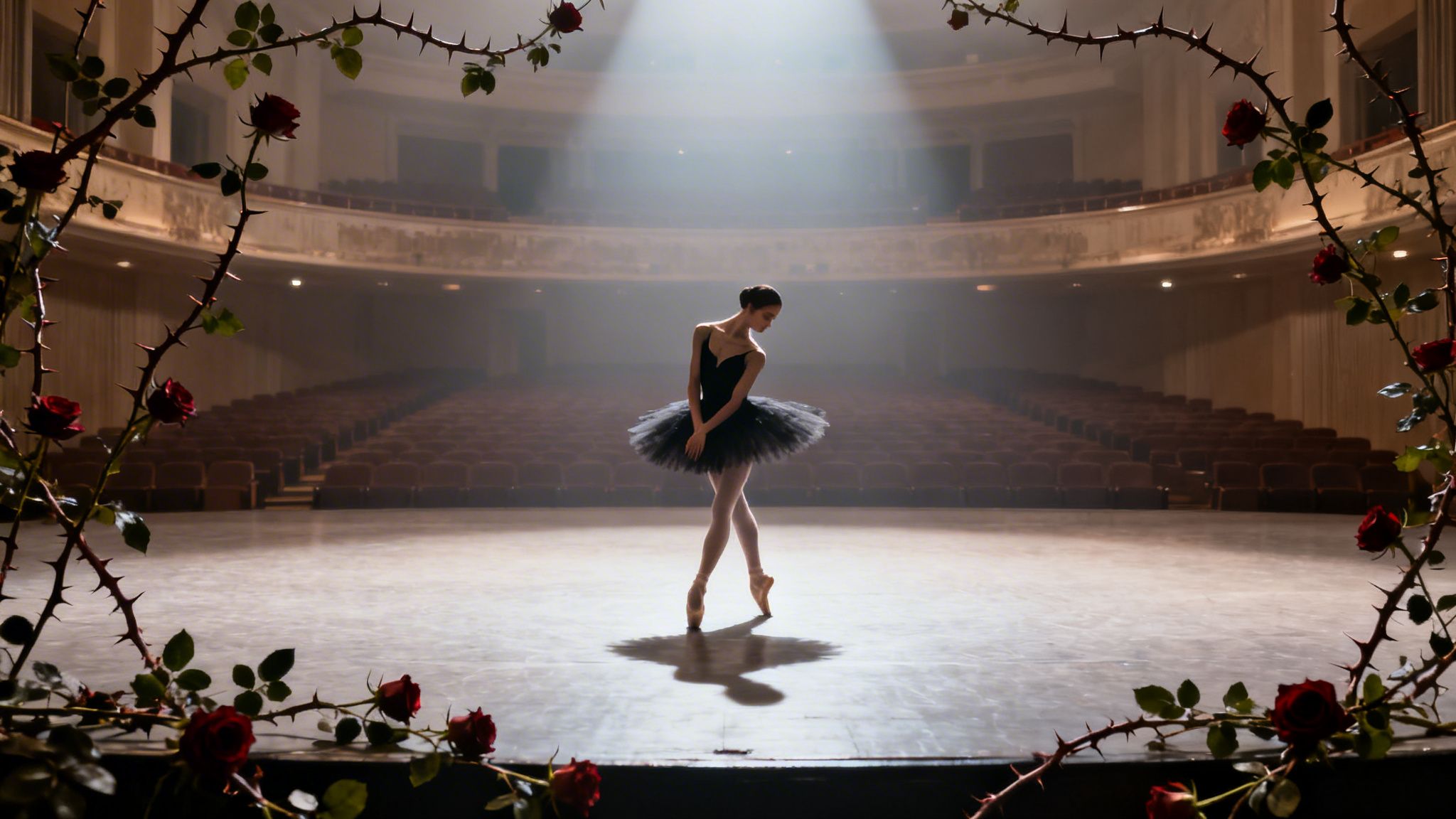 Ballerina in schwarzem Tutu auf einer Bühne, umrahmt von dornigen Rosenranken, in einem leeren Theater.