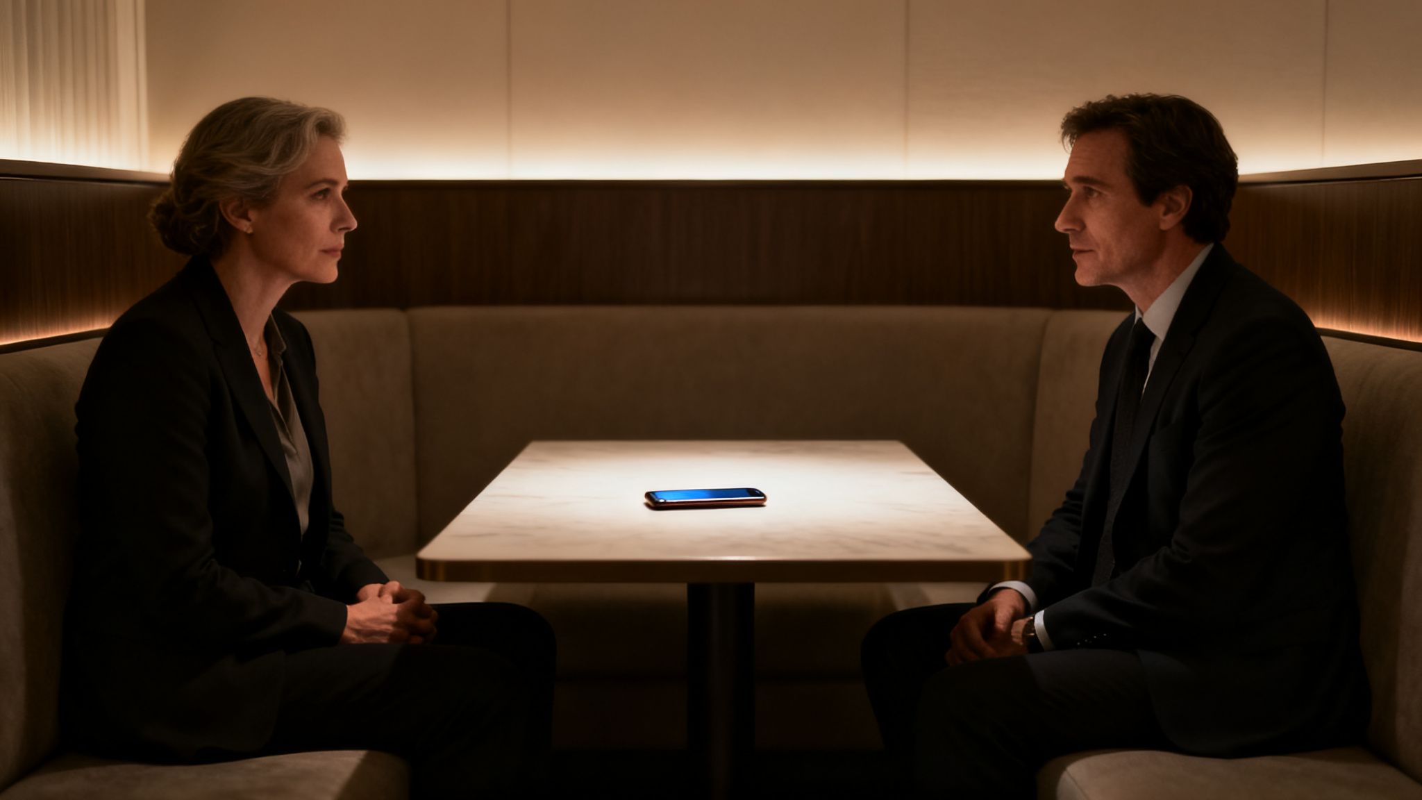 Eine Frau und ein Mann sitzen sich an einem Tisch gegenüber, ein Smartphone liegt in der Mitte.